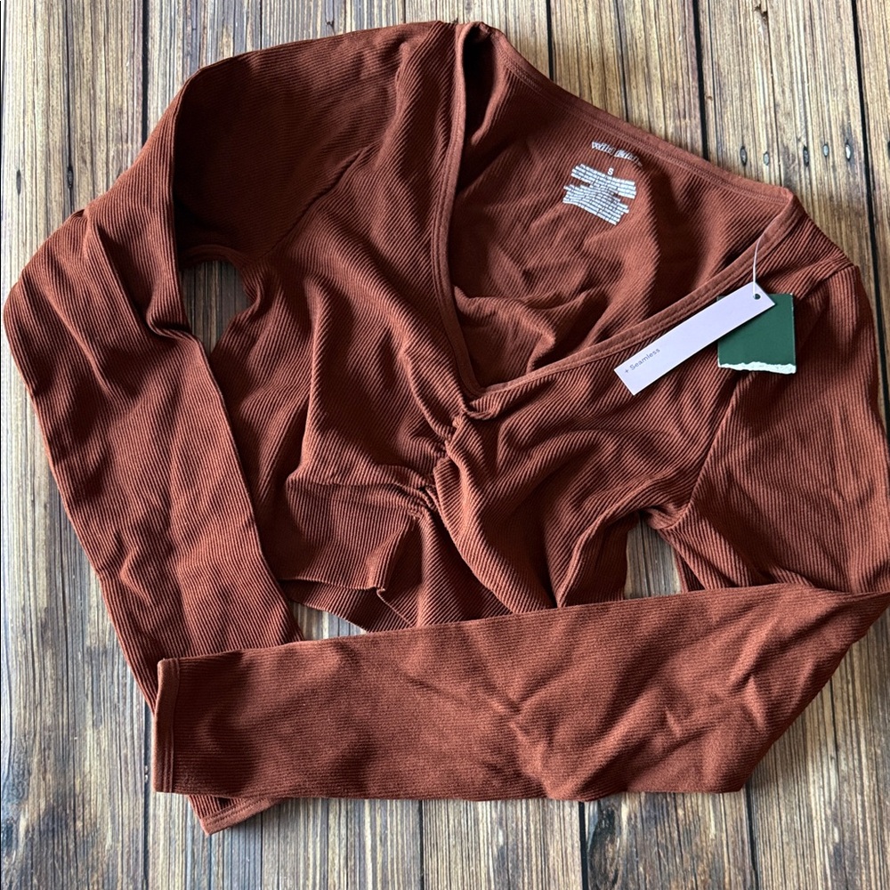 NWT Brown Stretchy Ribbed Crop Long Sleeve Top S